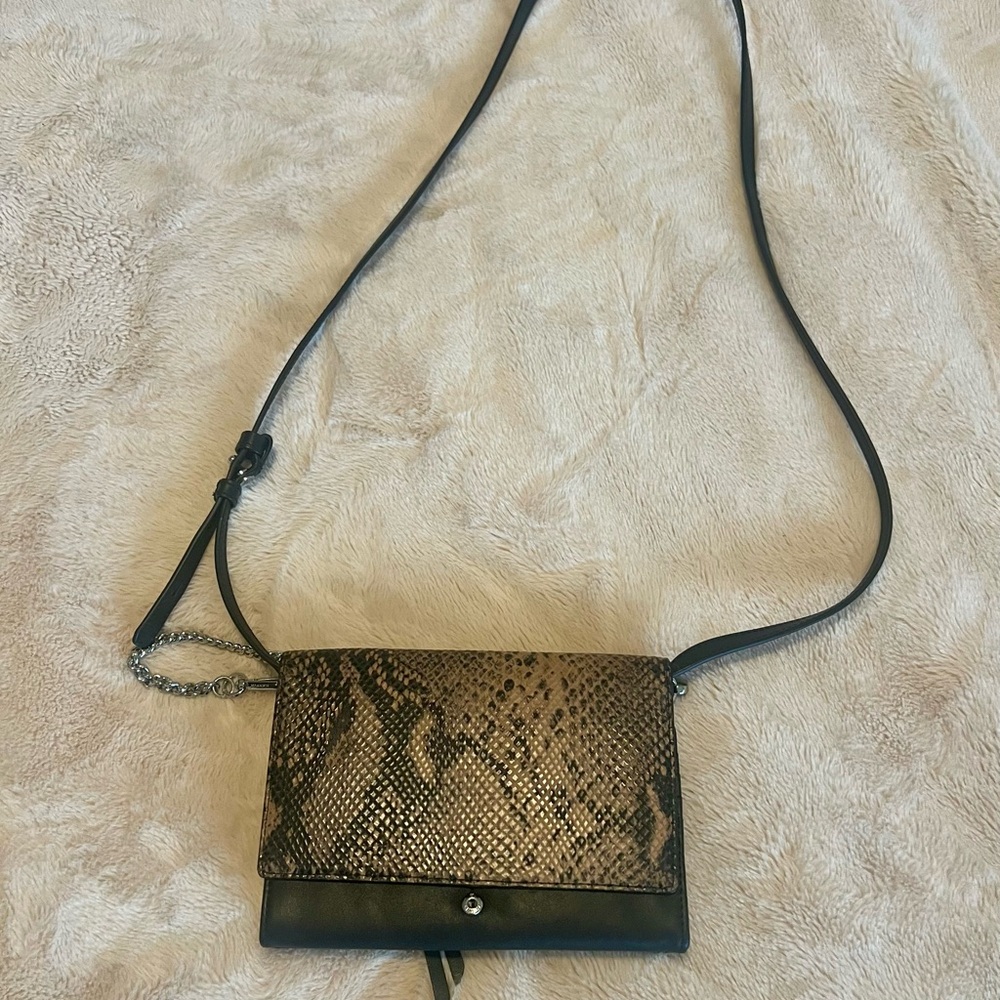 All Saints Black and Tan Crossbody Bag with Snakeskin Pattern
